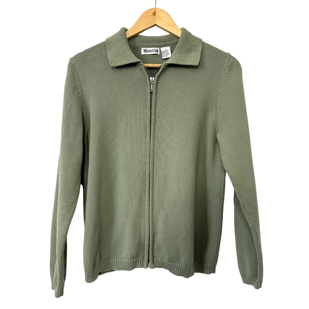 VTG Tian Collection Green Zip Cardigan M 100% Cotton 90s Minimalist Quiet Luxury